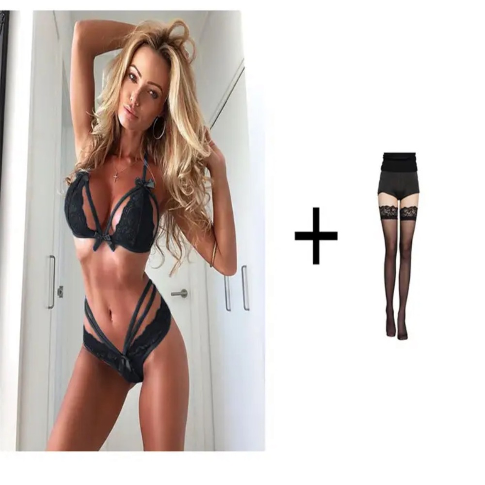 Sexy black stretch lace lingerie set including stockings Bra Panties Stripper